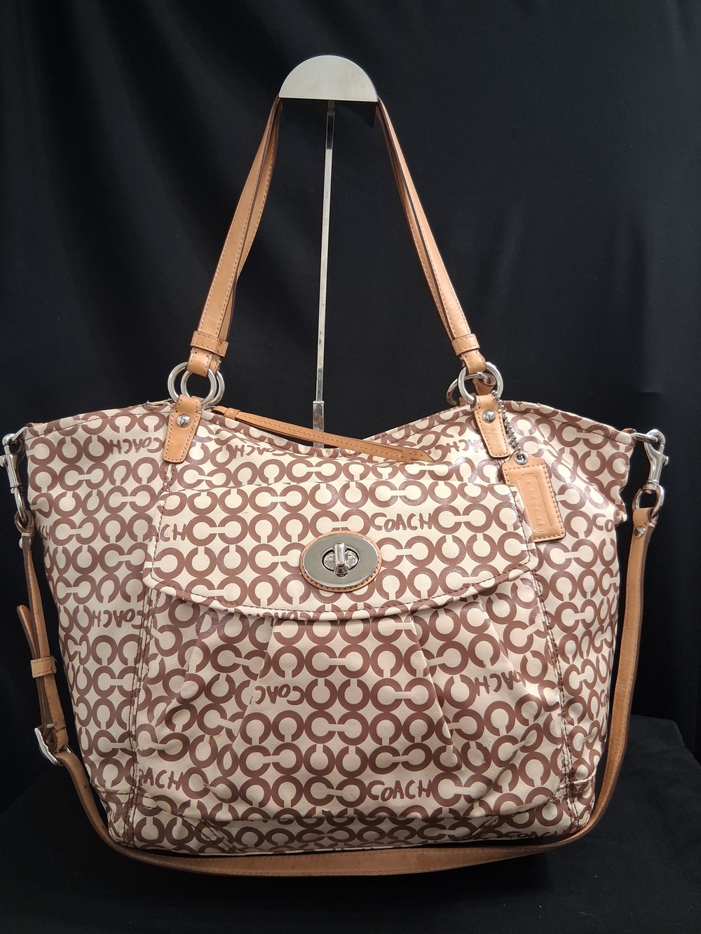 Coach Signature Cream And Brown Coated  Canvas Satchel/ Tote Shoulder Purse